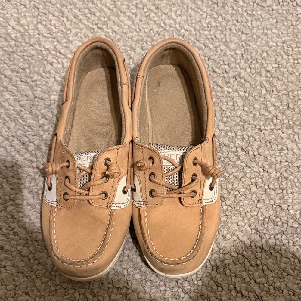 Sperry Tan Kids Moccasin Boat Shoes with White Accent